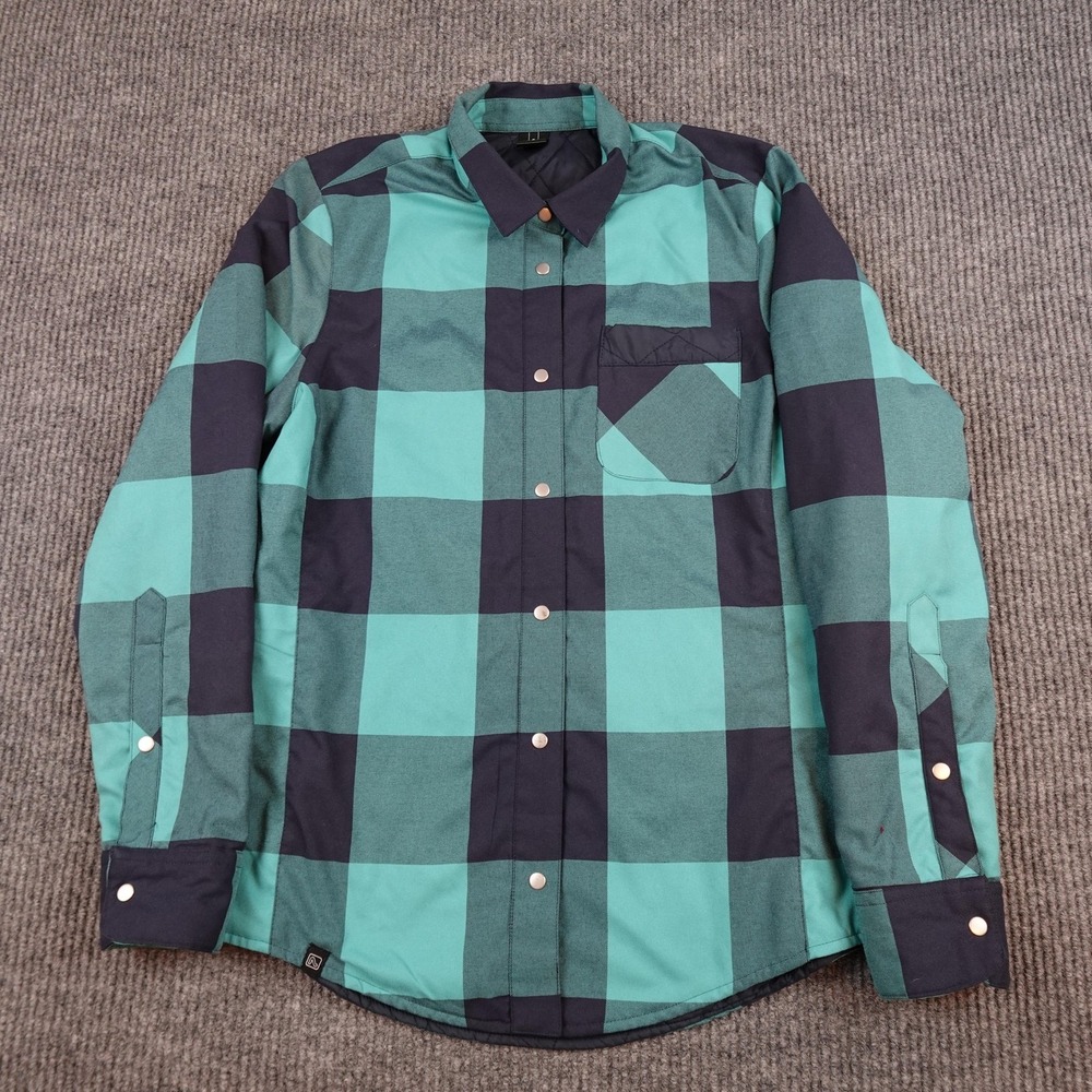 Flylow Quilted Shirt Jacket Mens Medium Green Black Plaid Snap Insulated Outdoor